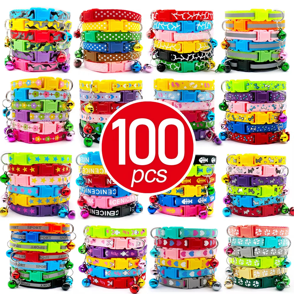 100Pcs Dog Collar with Bells Adjustable Customize Necklace Puppy Kitten Collar Accessories Pet Shop Products Rabbit Neck Strap